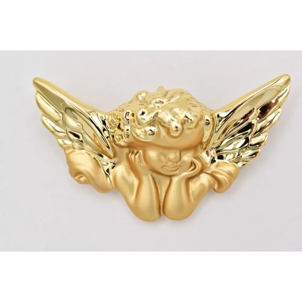 Danecraft Vintage Brushed Gold Cherub Angel Brooch Pendant Signed NOS 1980s A25